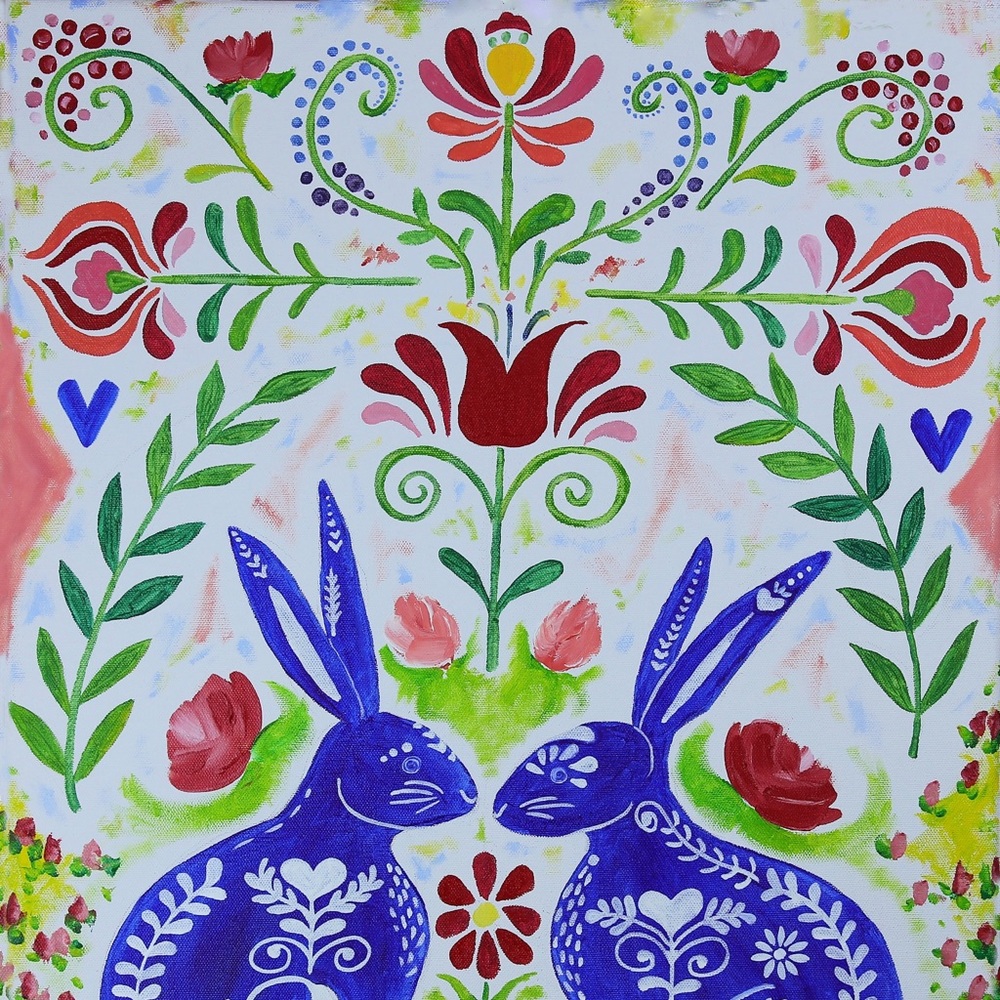 Scandinavian Rabbits Giclée Folk Art Print of Oil Painting Whimsical Rosemaling - Picture 7 of 9